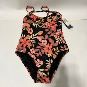 NWT AQUA COUTURE One Piece Swimsuit Black Orange Florals